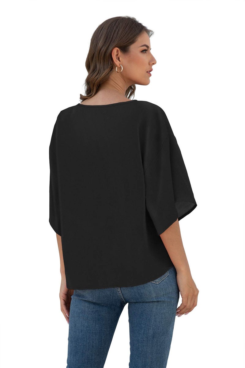 VIISHOW Women's Casual 3/4 Tiered Bell Sleeve V Neck Loose Tops Blouses Shirt, Pure Black, XX-Large - Image 3